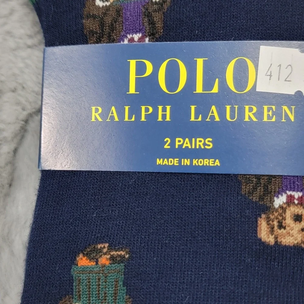 Polo Ralph Lauren Socks Mens 10-13 Navy Preppy Ivy Style Bear Polka Dot 2 Pairs
